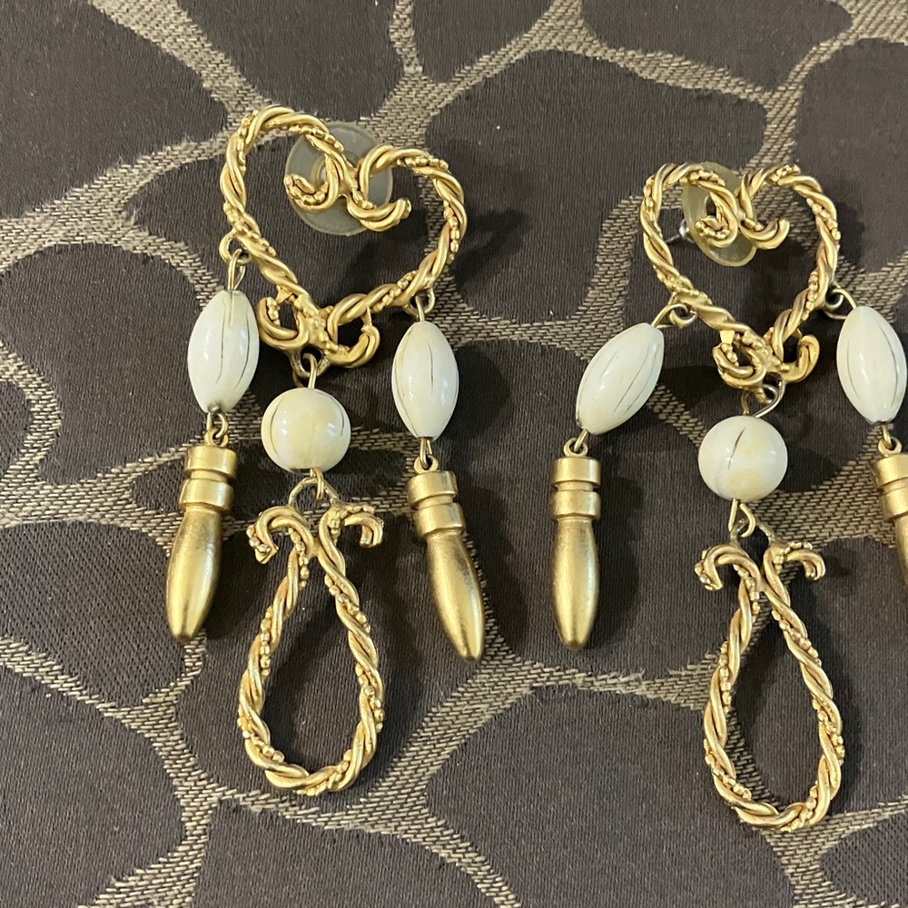 Elegant Gold and Cream Dangle Earrings